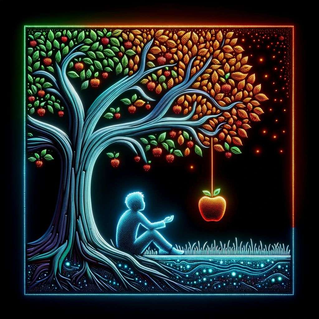 the discovery of gravity, made from glowing multicolored luminescent sheets of metal, digital art